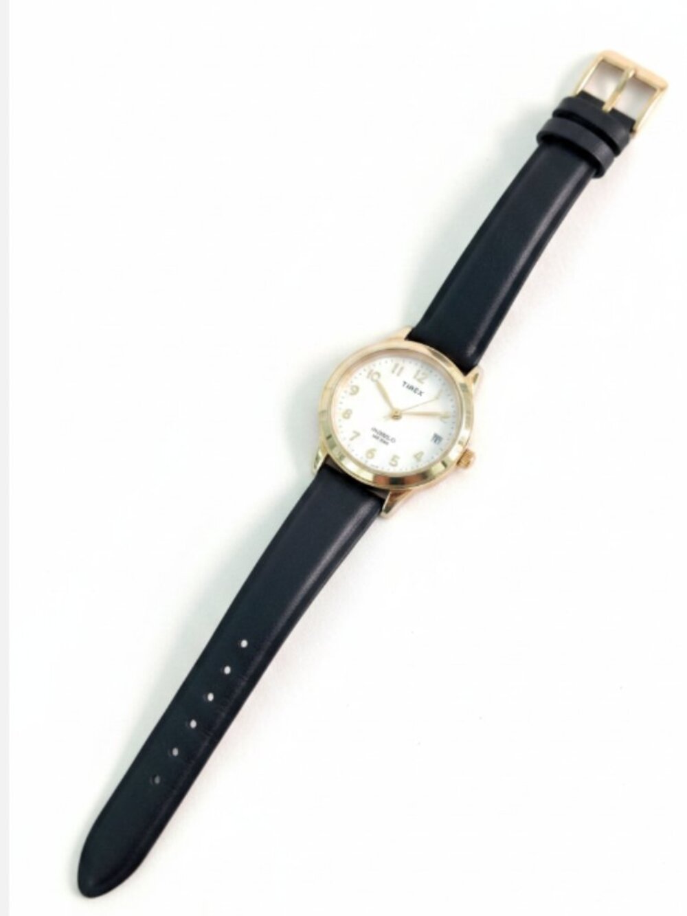 Timex Indiglo Women Watch Gold Tone White Dial Date Black Leather Band Works - Picture 7 of 8